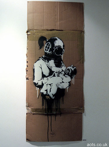 Banksy mother in diving mask with baby photo